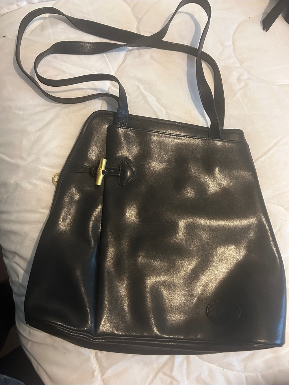 Longchamp Black Leather Shoulder Bag with Gold Toggle